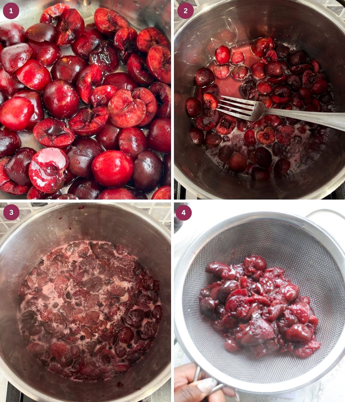 Cherries cooked with water in a pot. 
