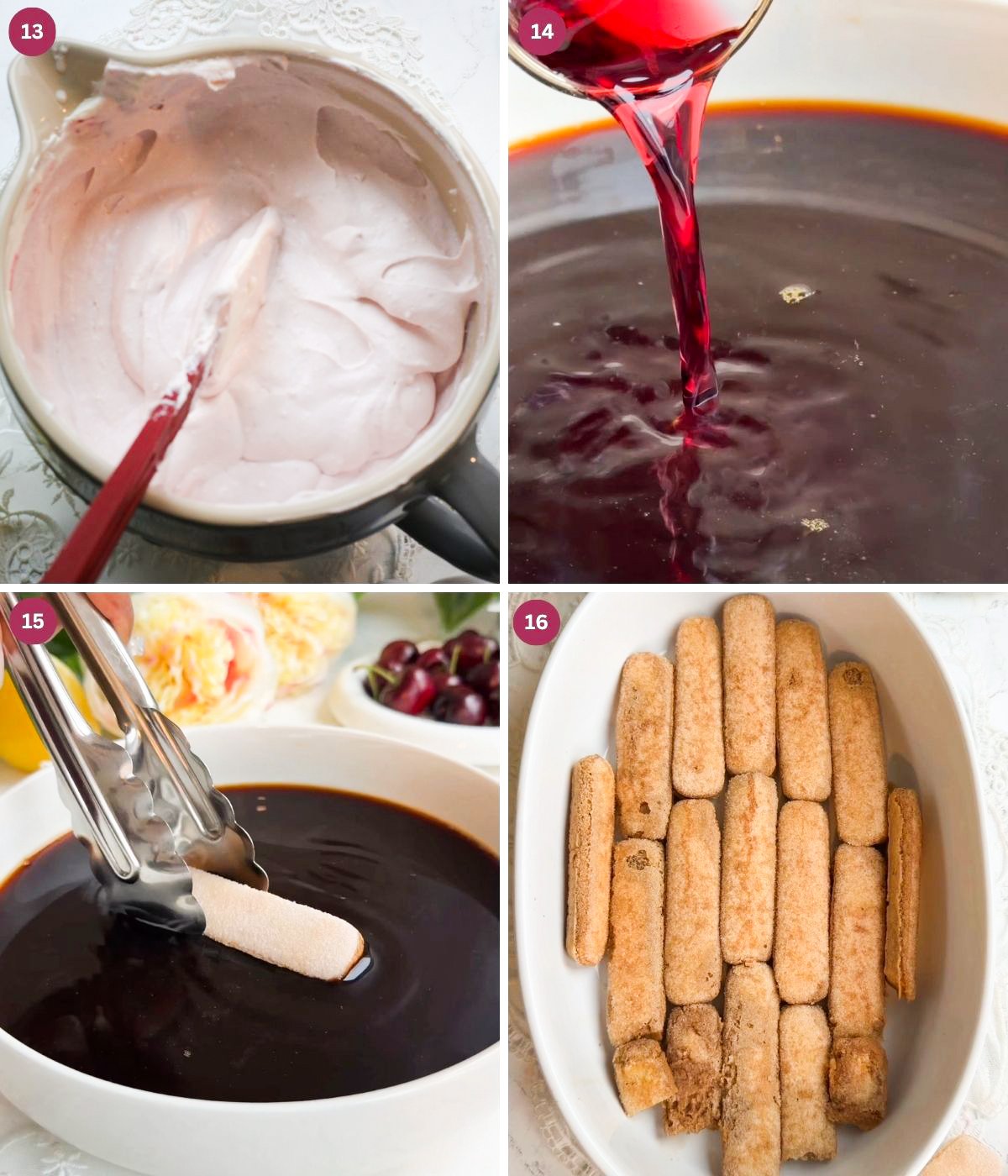 Cherry infused mascarpone, coffee and cherry amaretto soaked ladyfingers.