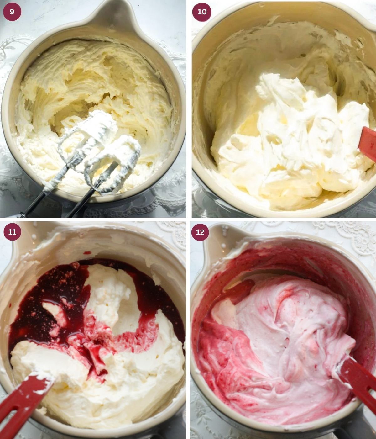 Cherry juice, whipped cream and mascarpone combined in a bowl. 