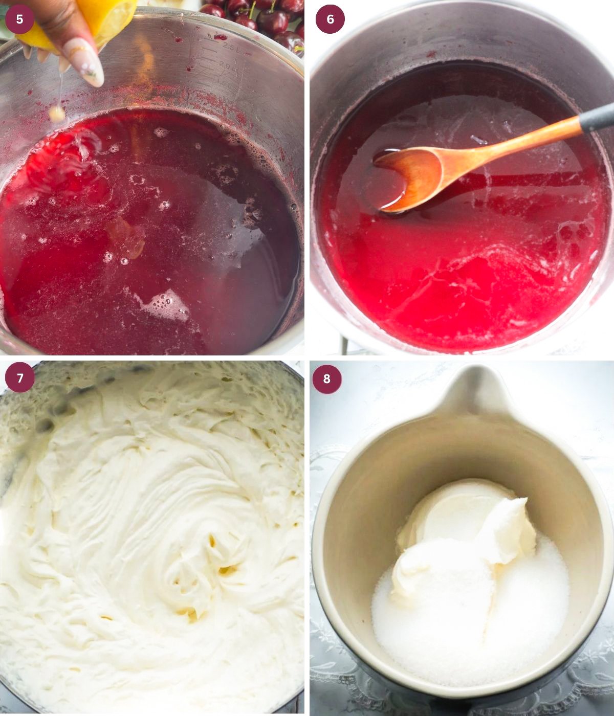 Cherry juice, whipped cream and mascarpone in a bowl. 