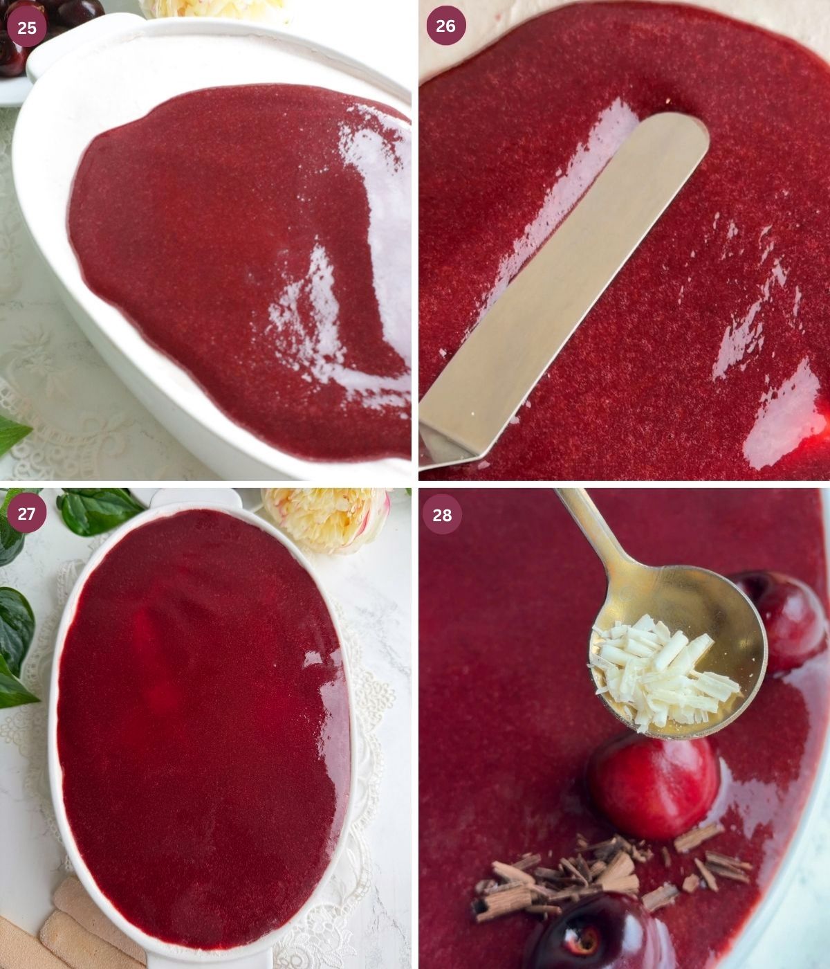 Cherry sauce on top of tiramisu, fresh cherries, and chocolate sprinkles.