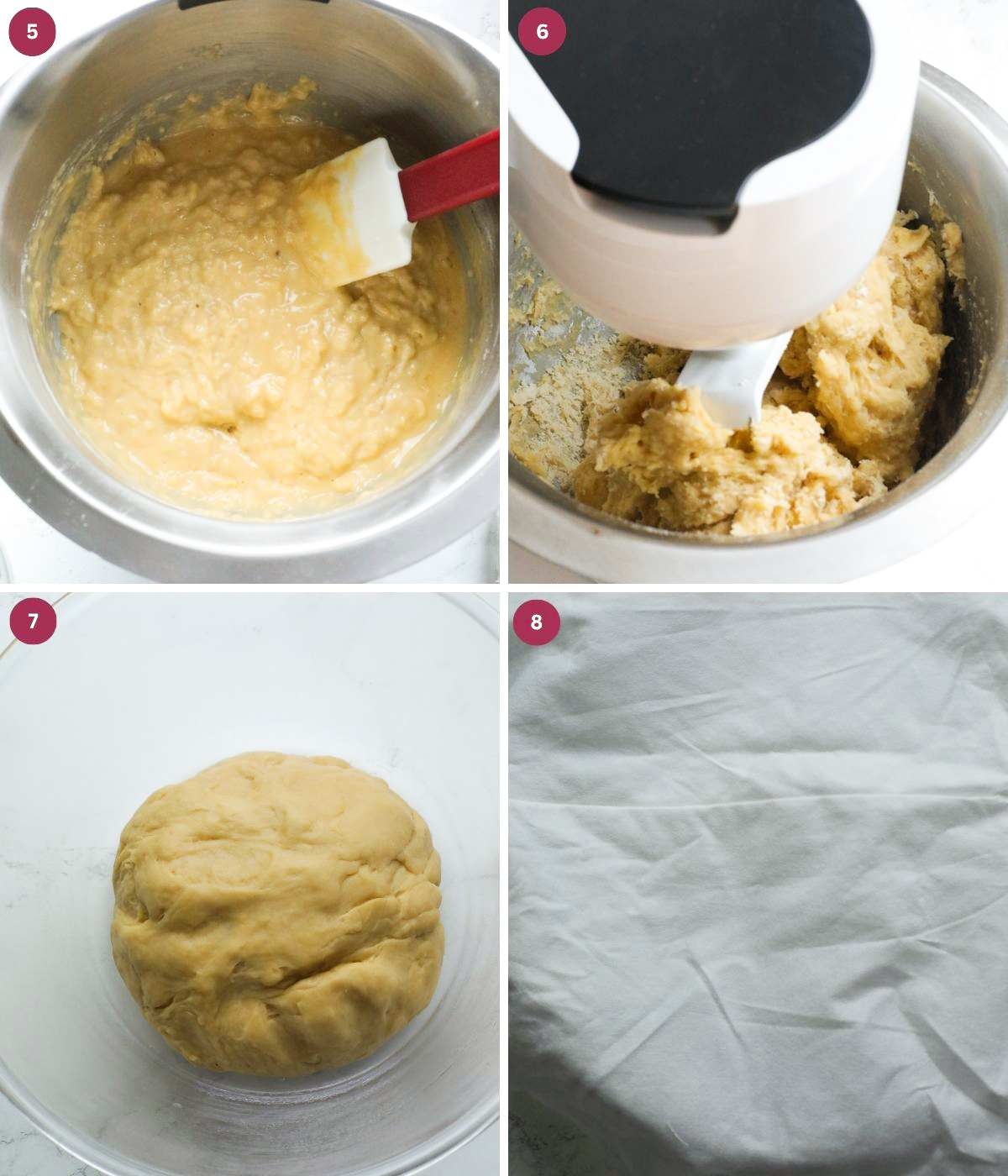 Cinnamon bun dough mixed in a mixer and covered with a cloth. 