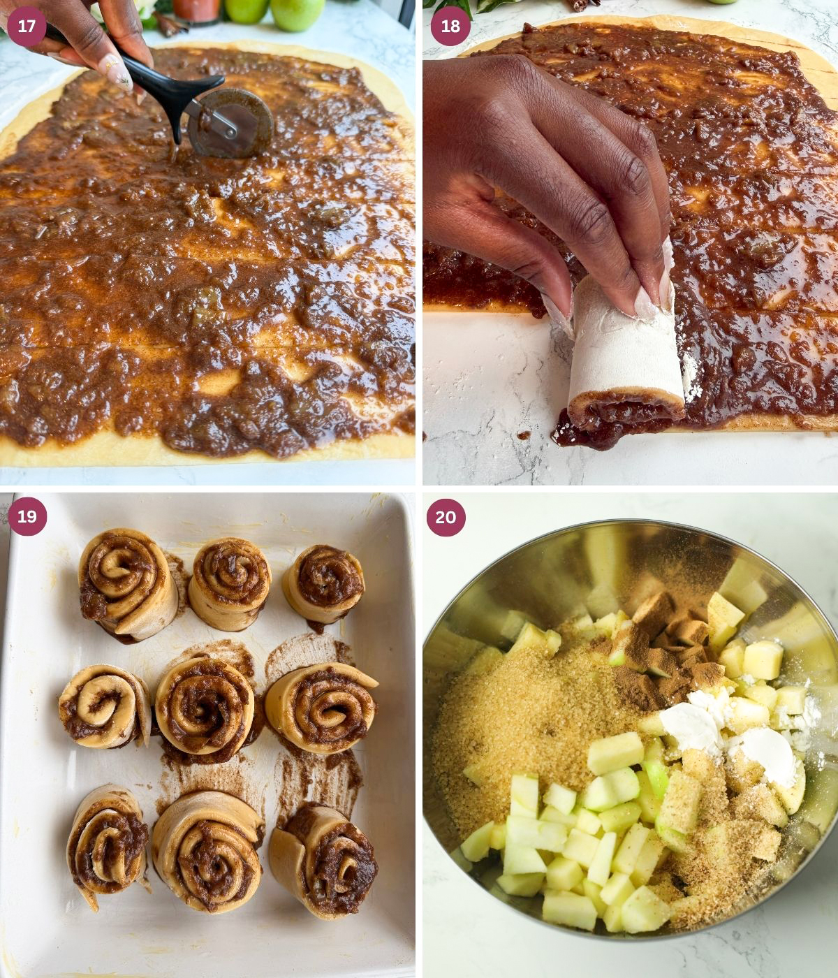 Cinnamon dough filled with cinnamon apple filling, rolled in a dish. Apple topping ingredients in a bowl.