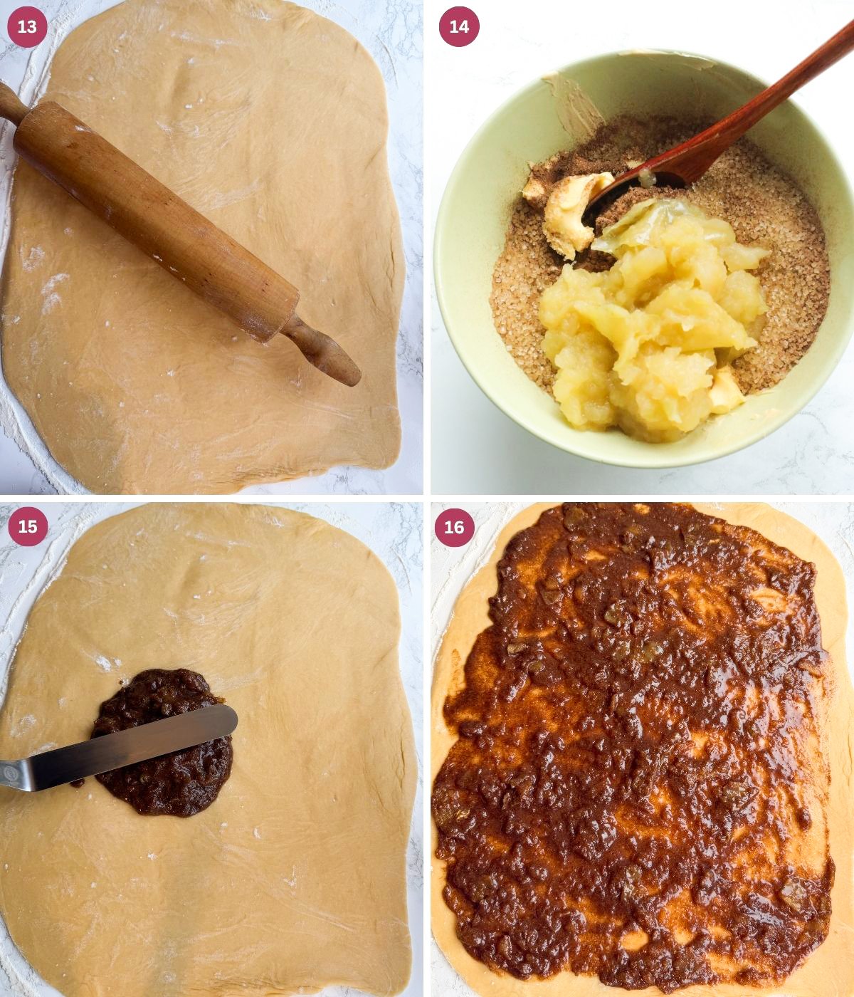 Cinnamon dough rolled with apple filling spread inside. 