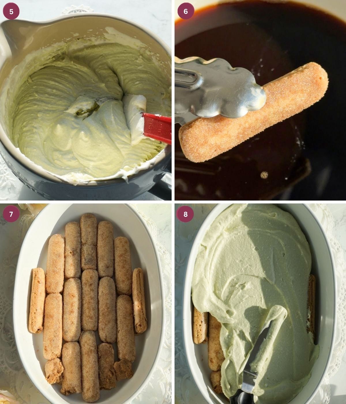 Coffee dipped ladyfingers and mascarpone pistachio filling in a dish.