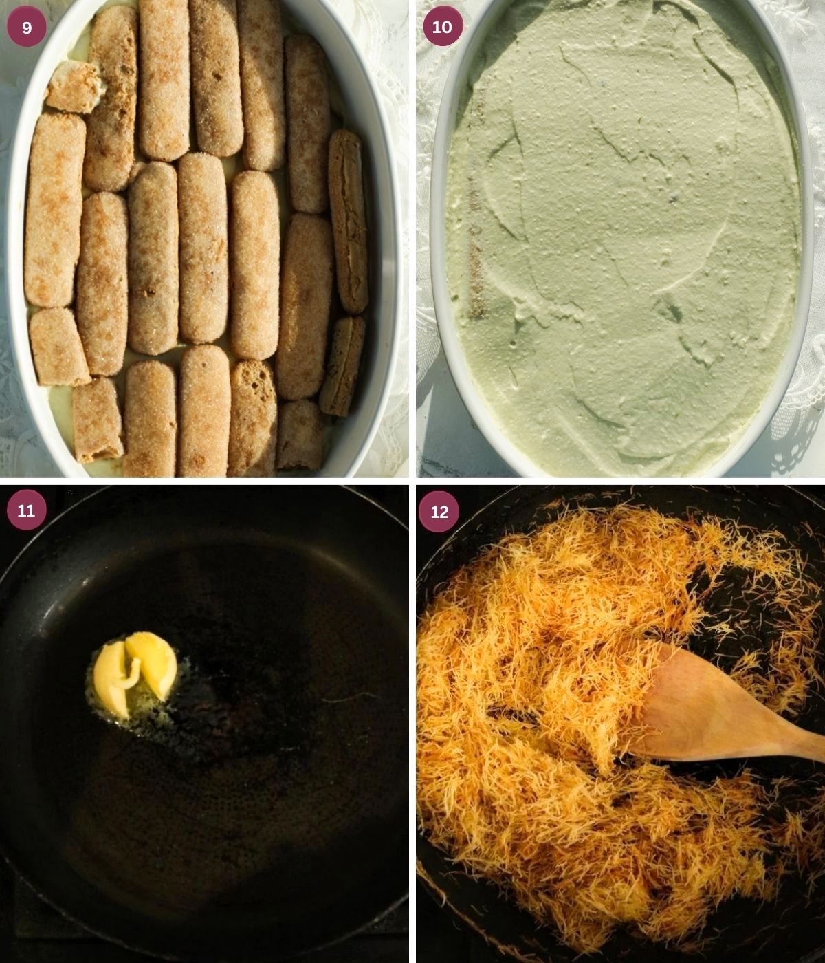 Coffee dipped ladyfingers, kataifi and mascarpone pistachio.