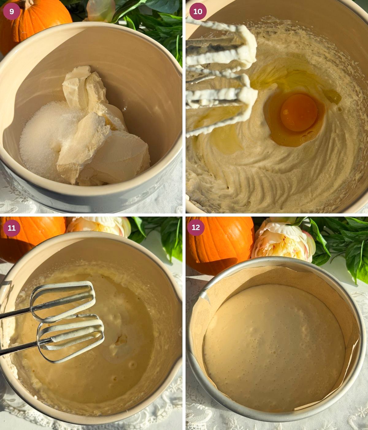 Cream cheese, sugar, and eggs mixed in a bowl and in a baking tin.