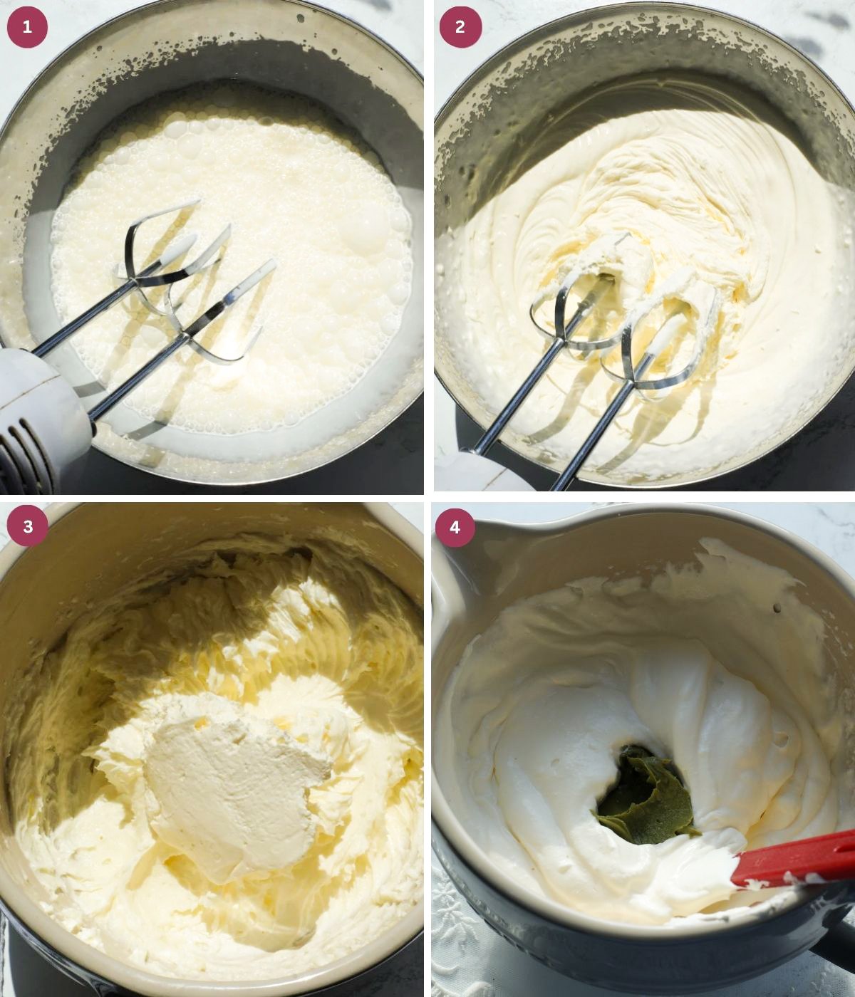 Heavy cream, mascarpone and pistachio cream mixed in a bowl. 