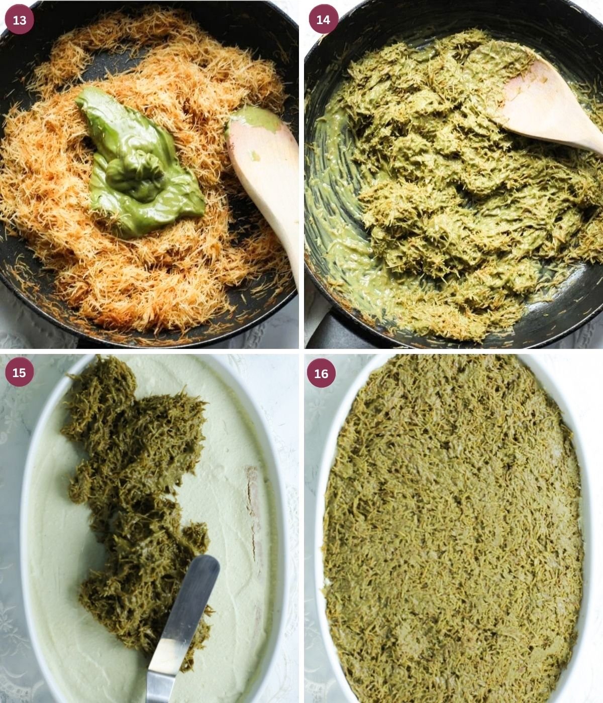 Kataifi and pistachio cream on top of tiramisu.