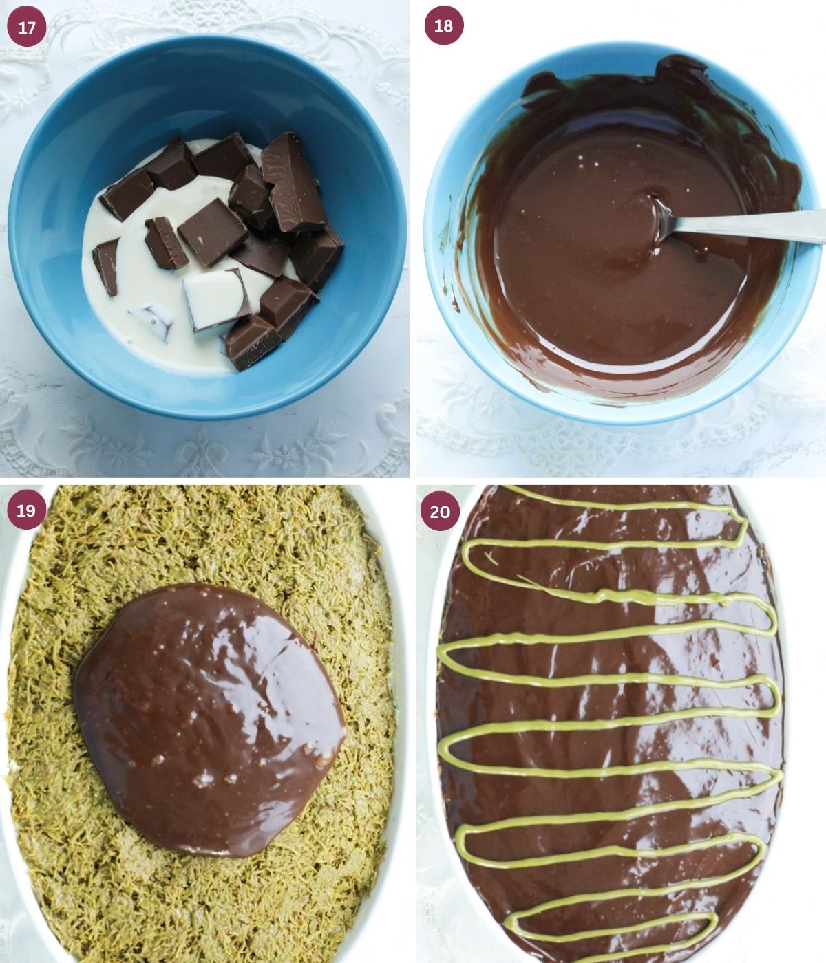 Milk chocolate ganache and pistachio cream in a pattern.