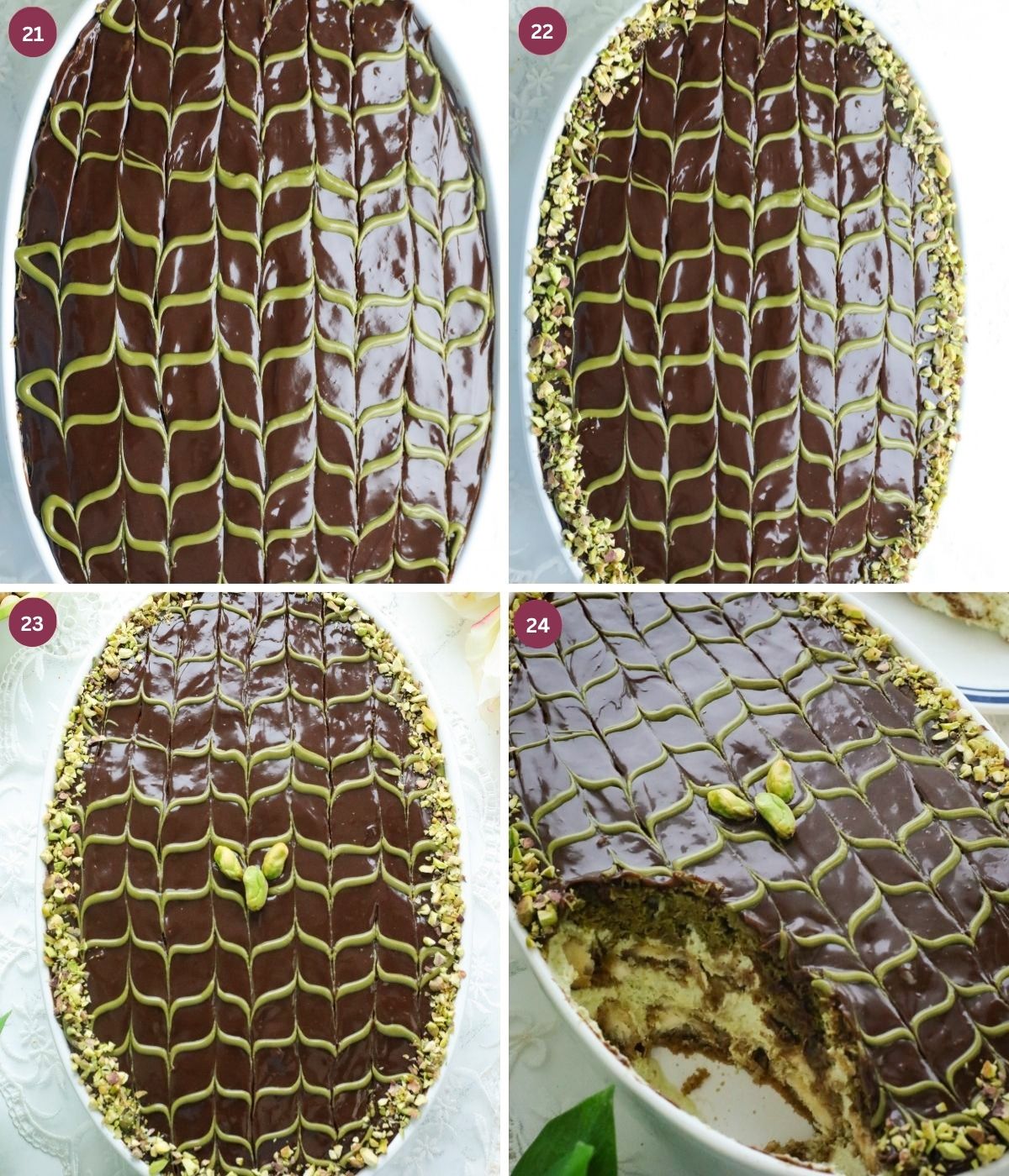 Milk chocolate ganache, pistachios and pistachio cream pattern on top of tiramisu.