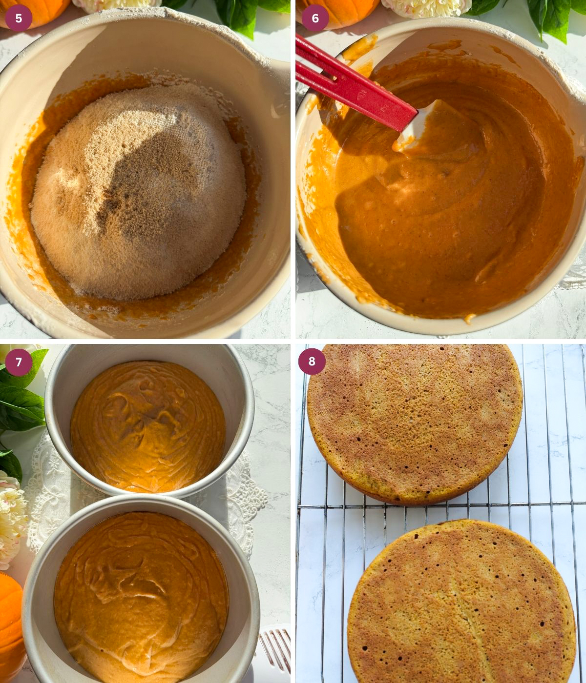 Pumpkin cake batter in a bowl and tin. Baked pumpkin cakes on a rack.