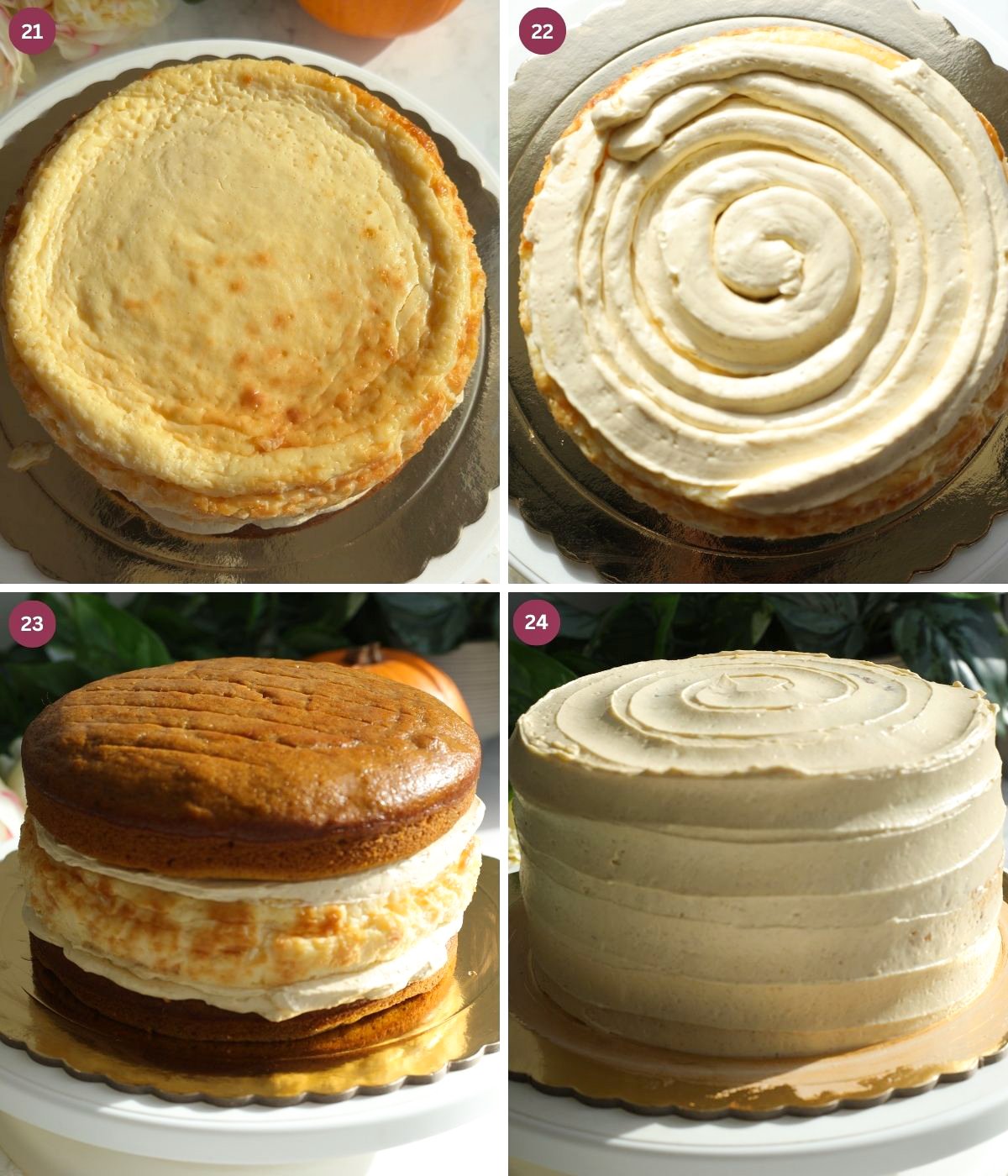 Pumpkin cake with baked cheese cake in the middle frosted.
