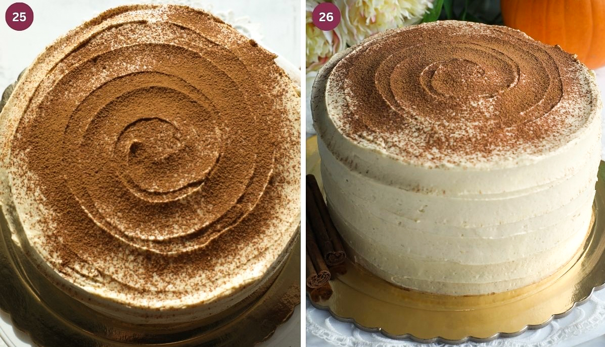 Pumpkin cheese cake cake with pumpkin spice frosting and cinnamon powder.
