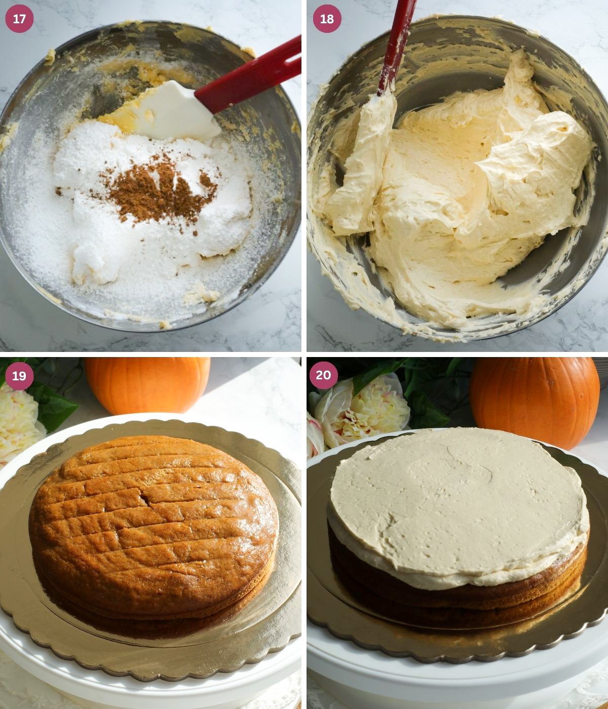 Pumpkin spice frosting in a bowl. Pumpkin cake on a board with frosting.