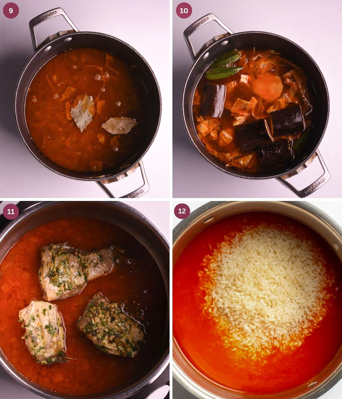 Seasoning, egg plant, carrots, cabbage, grouper and rice in tomato sauce.