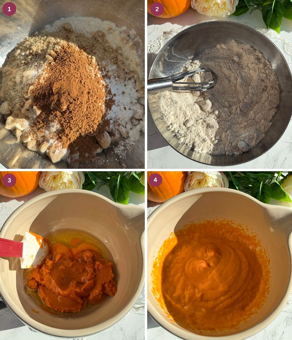Sugar, flour, pumpkin, spice, leavening agents and brown sugar in a bowl.