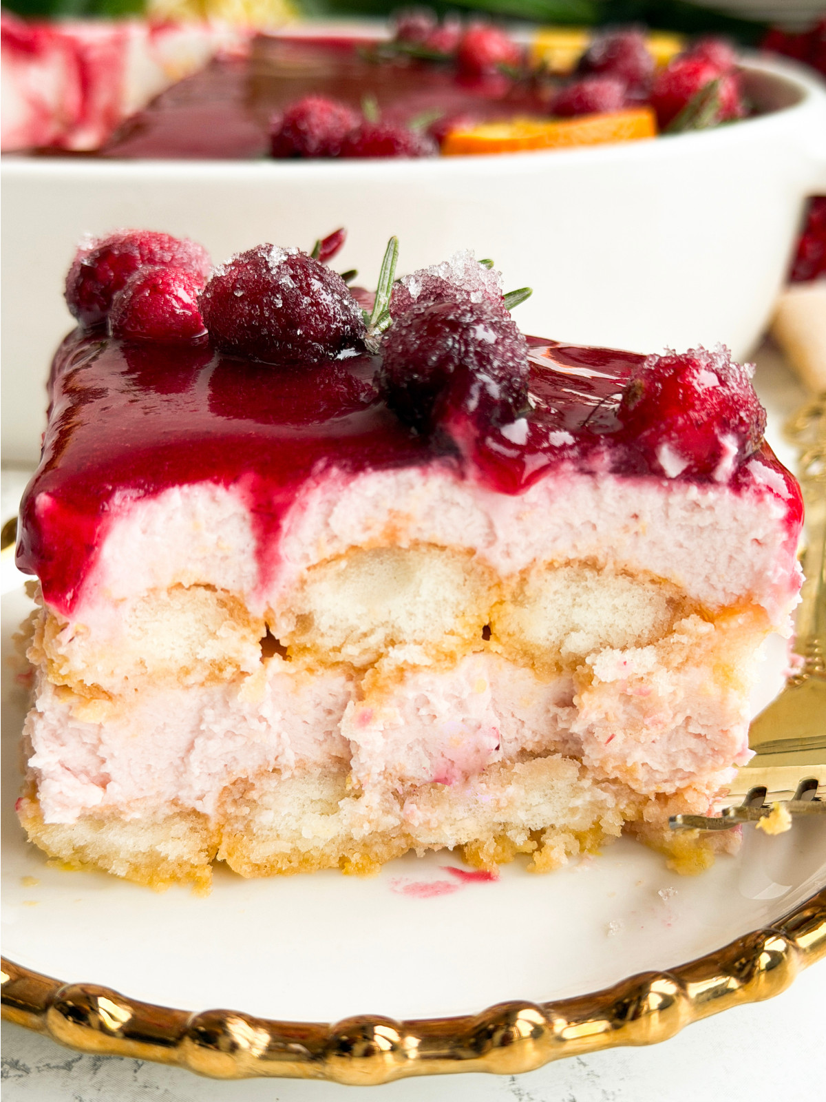 A slice of cranberry tiramisu.