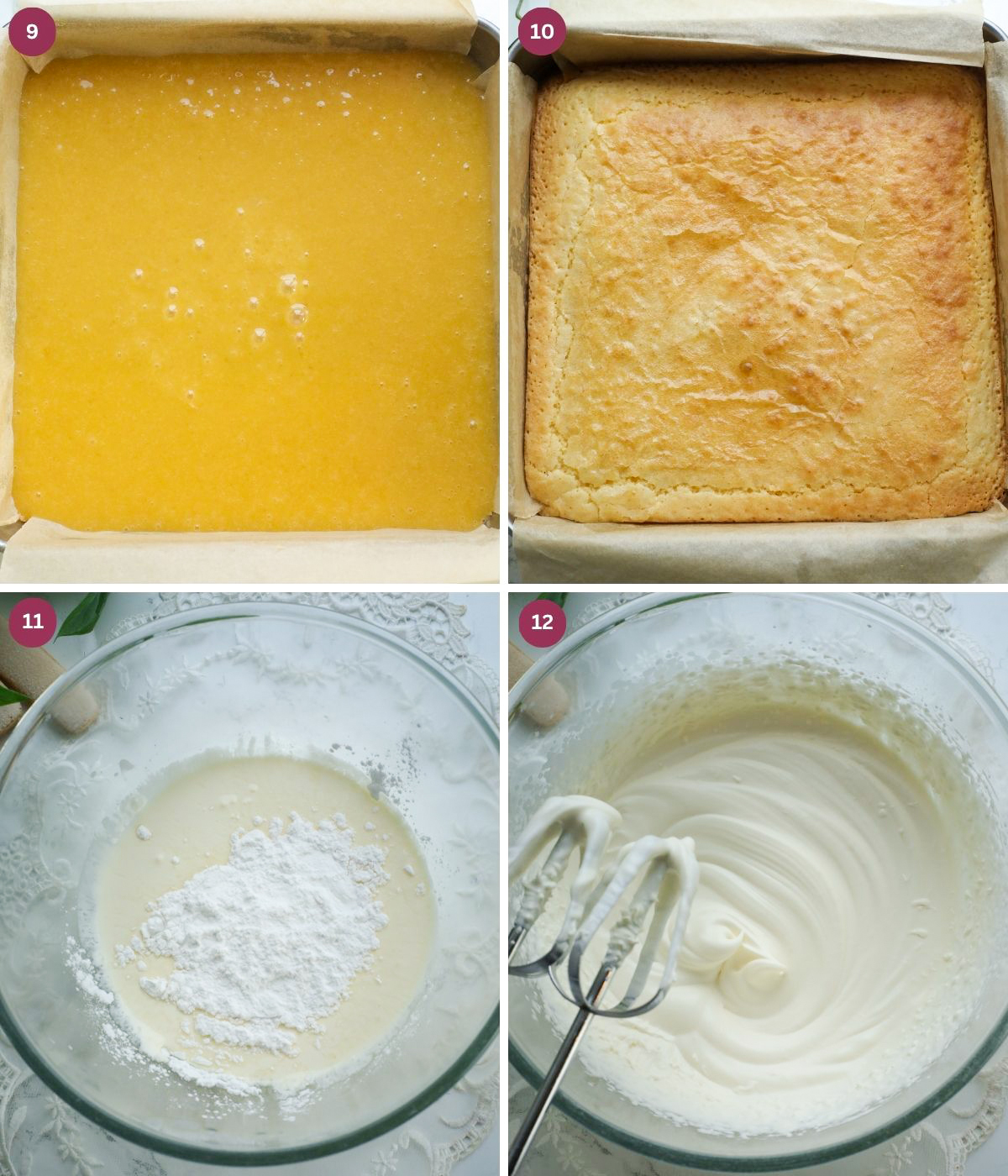 Baked blondies and whipped cream in a bowl.