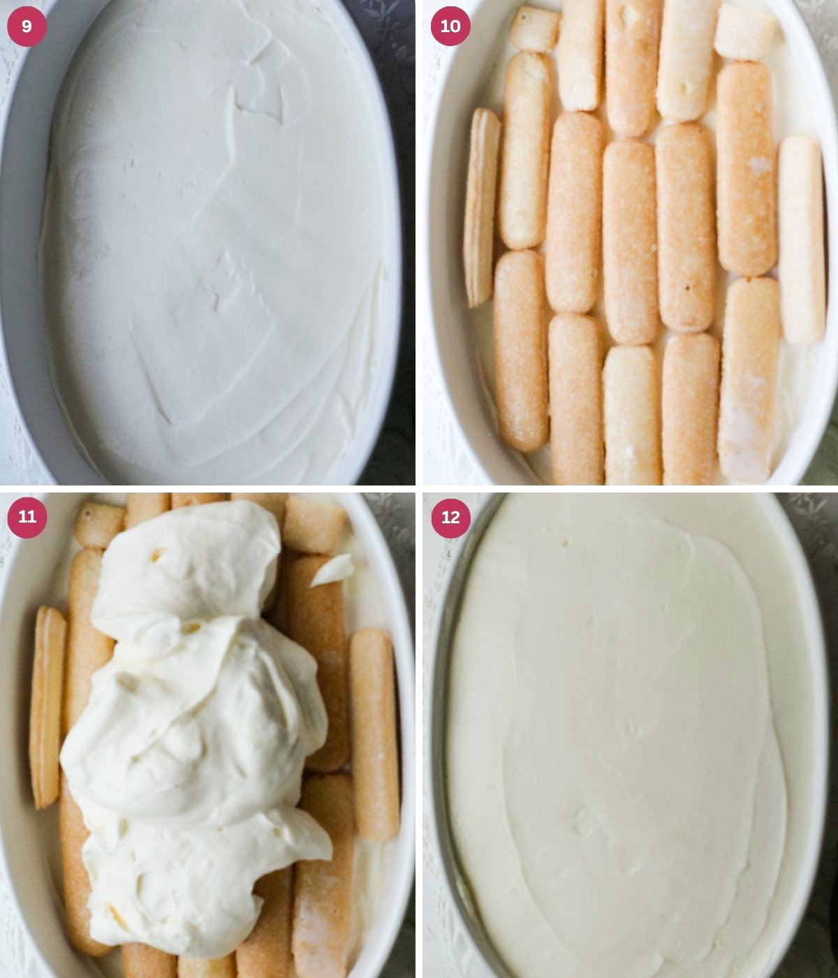 Coconut mascarpone cream ana coconut soaked ladyfingers in a dish.