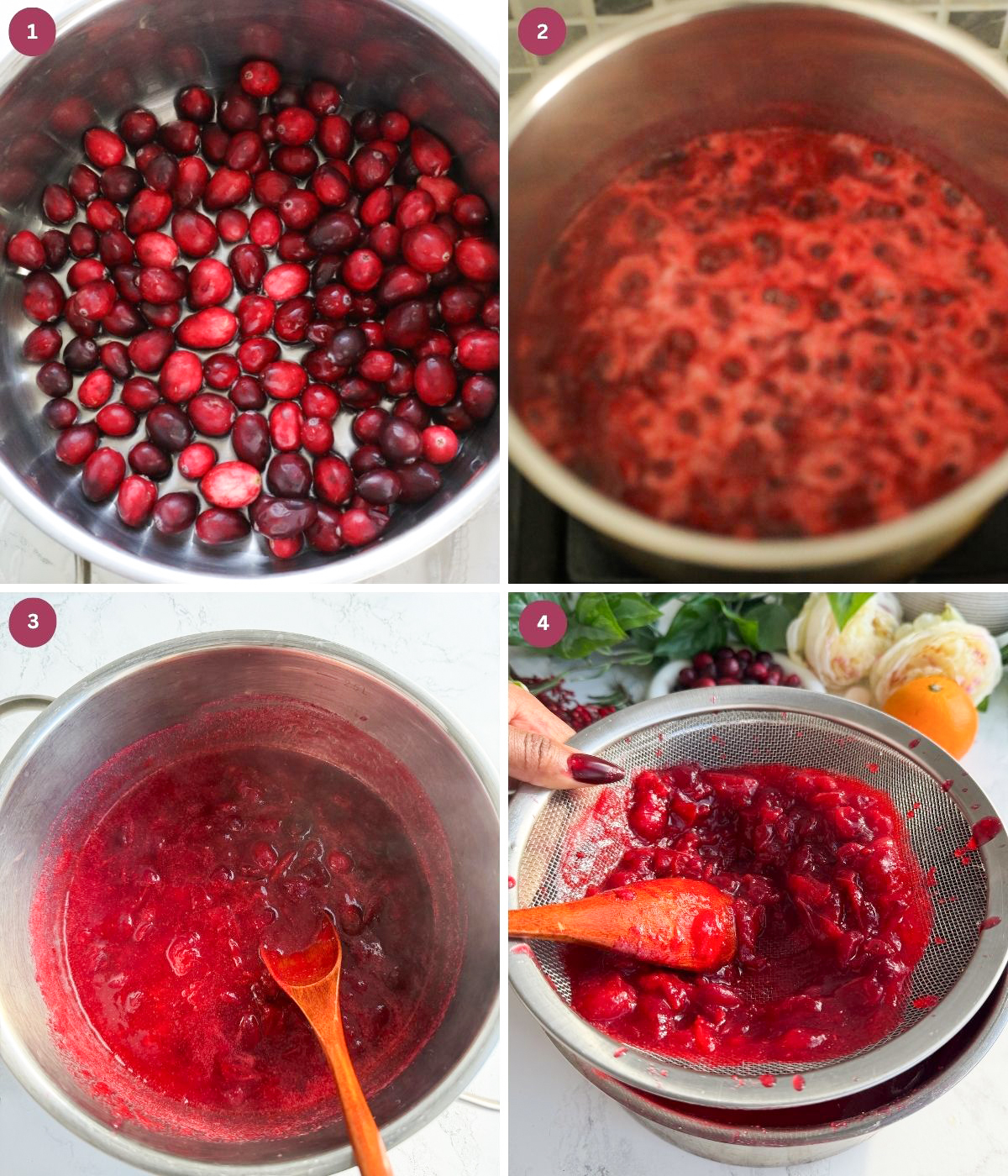 Cranberries cooked with water in a pot.