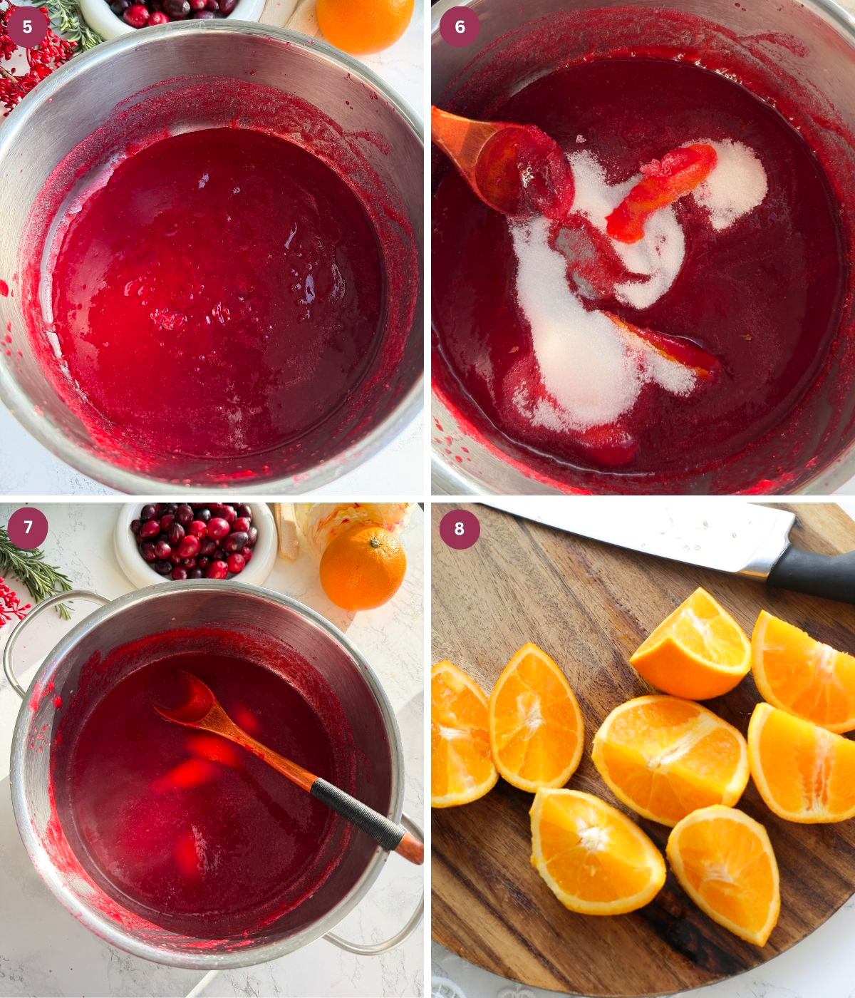 Cranberry juice in a pot and oranges.