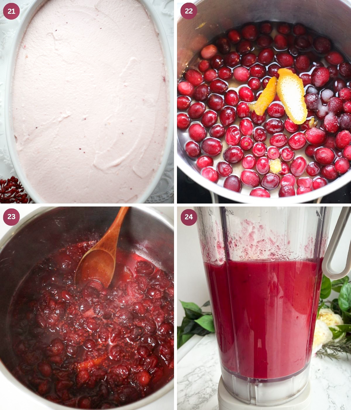 Cranberry tiramisu and cranberry sauce cooked and blended in a pot.