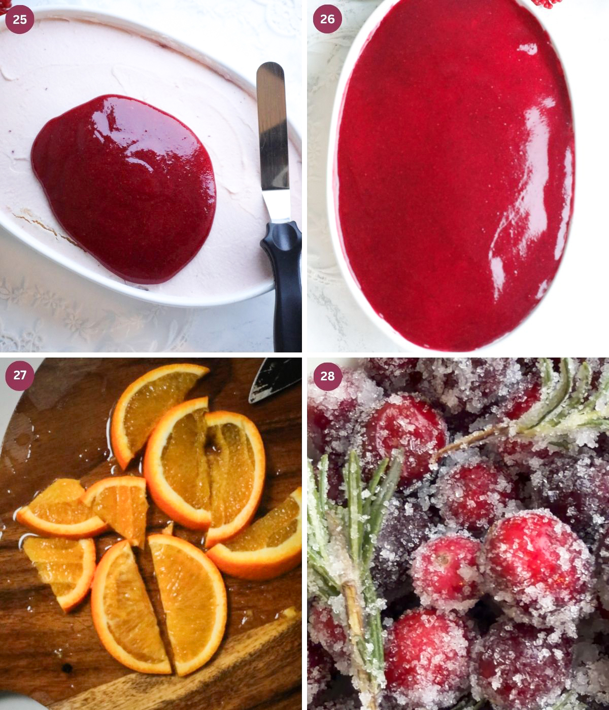 Cranberry tiramisu, cranberry sauce, oranges and sugared cranberries.