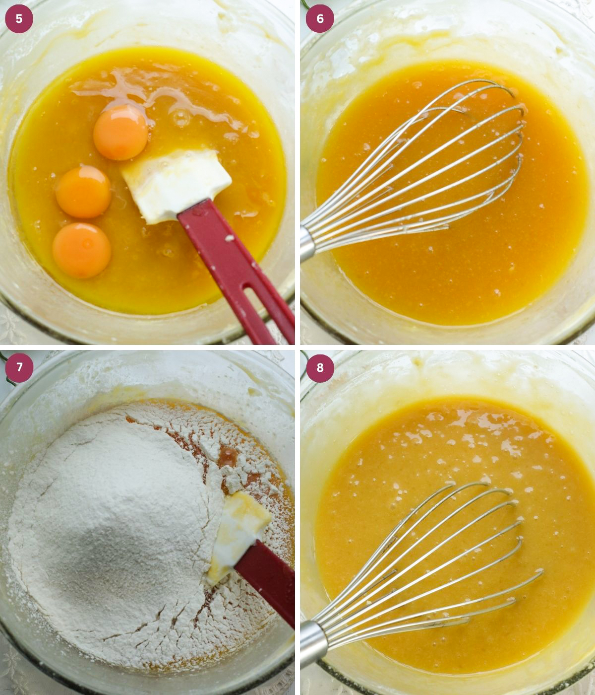 White chocolate and butter melted, eggs and flour mixed in a bowl.