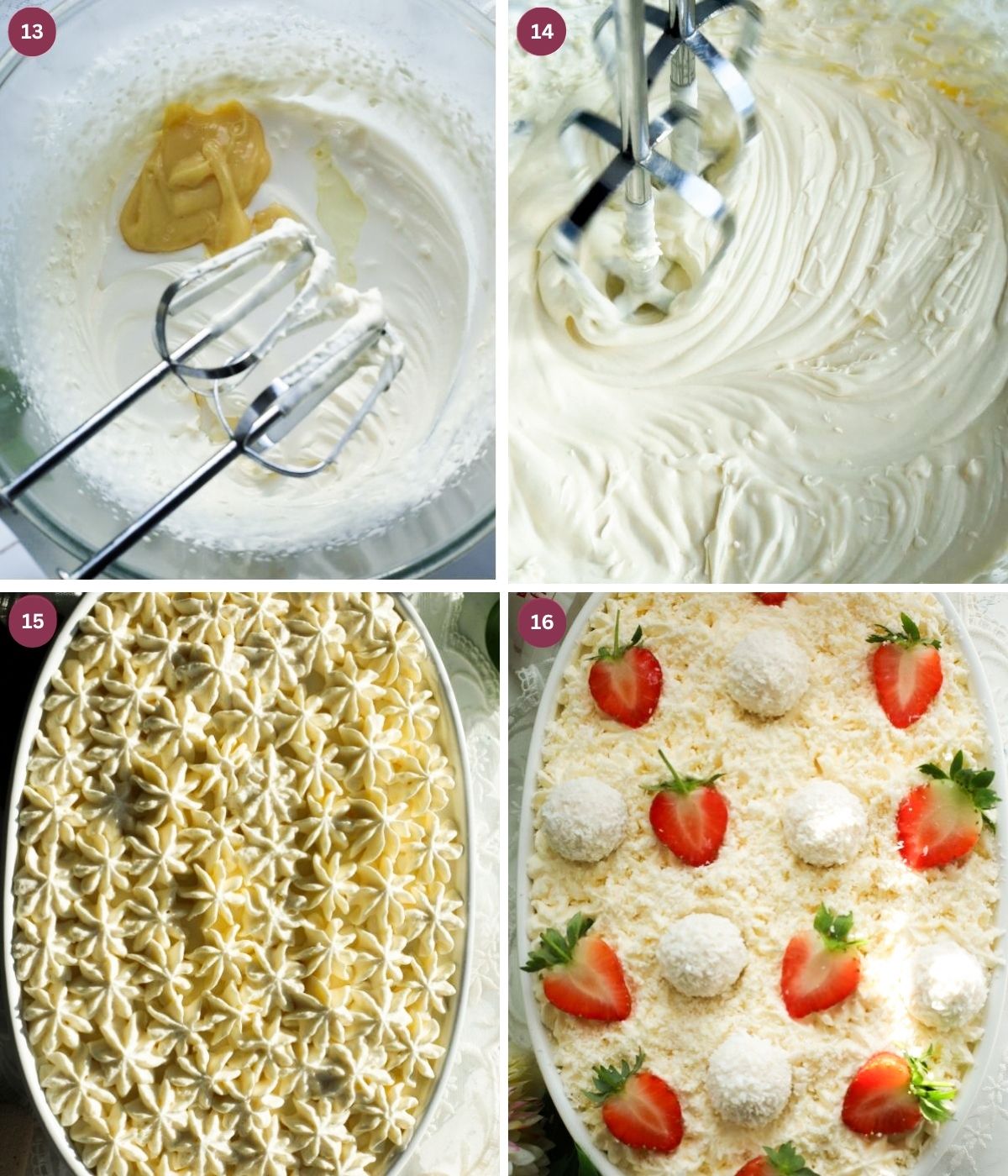 White chocolate whipped cream, raffaellos and strawberries on top of tiramisu.