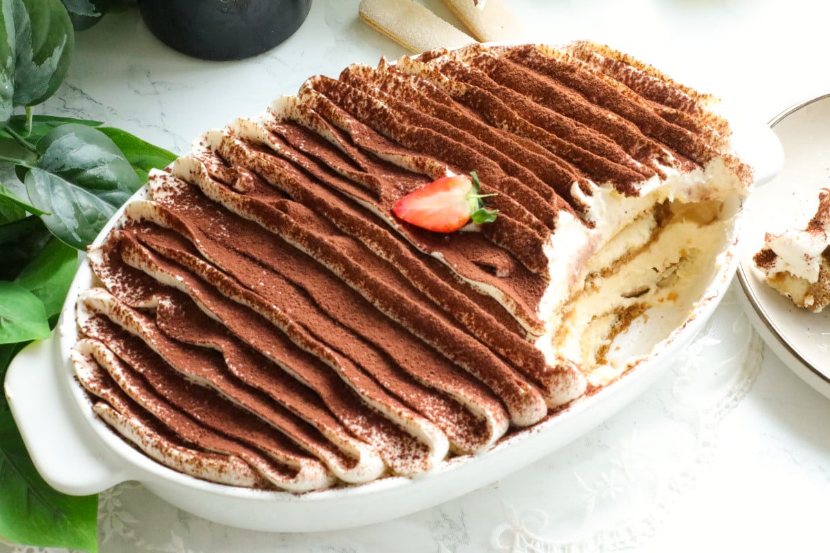 Bailey tiramisu in a white dish.