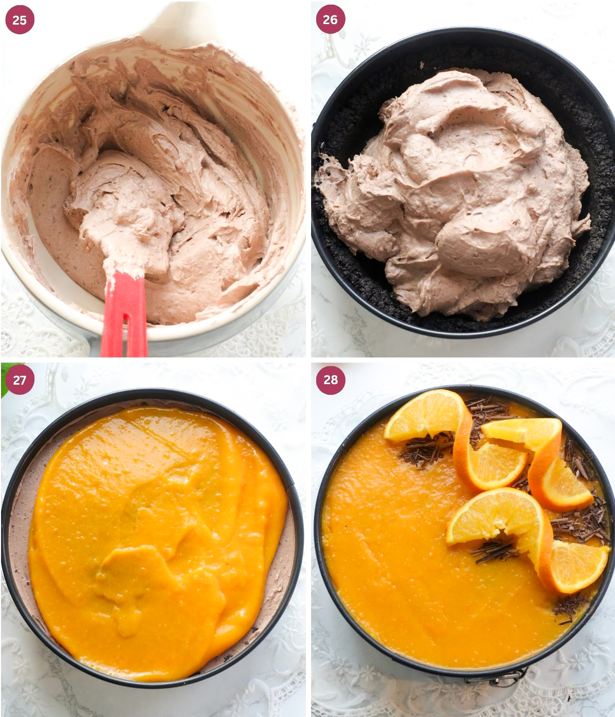 Chocolate cheesecake filling in a tin with orange sauce on top.