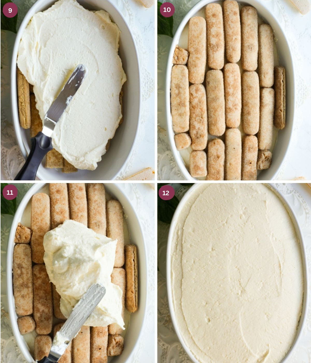 Egg nog filling and soaked ladyfingers layered in a oval dish.