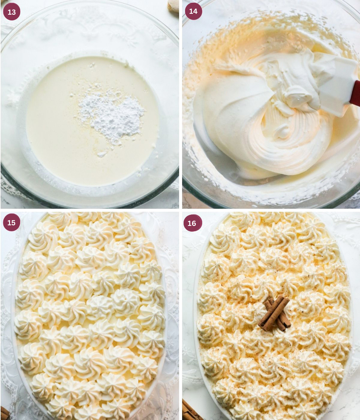 Egg nog whipped cream piped on top of tiramisu, grated nutmeg and cinnamon sticks.