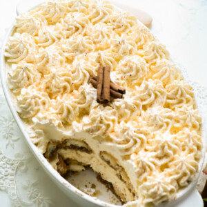 Egg nogg tiramisu dessert in an oval dish.