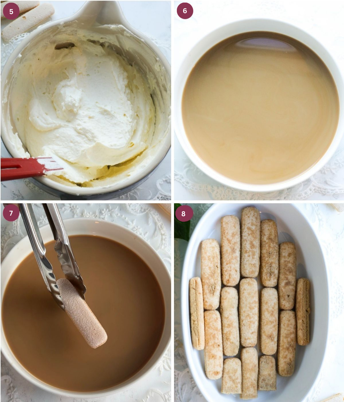 Eggnog mascarpone filling and eggnog-coffee dipped ladyfingers in a dish.