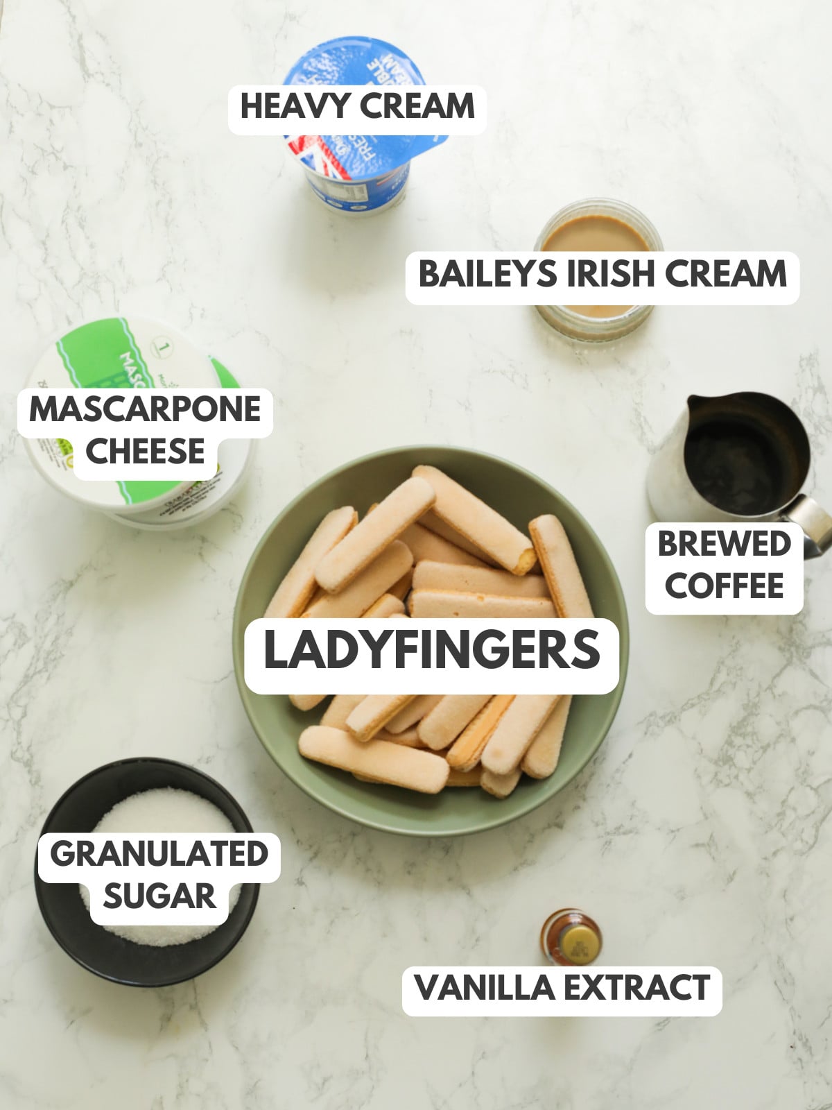 Ladyfingers, cream, mascarpone, sugar, baileys, coffee.