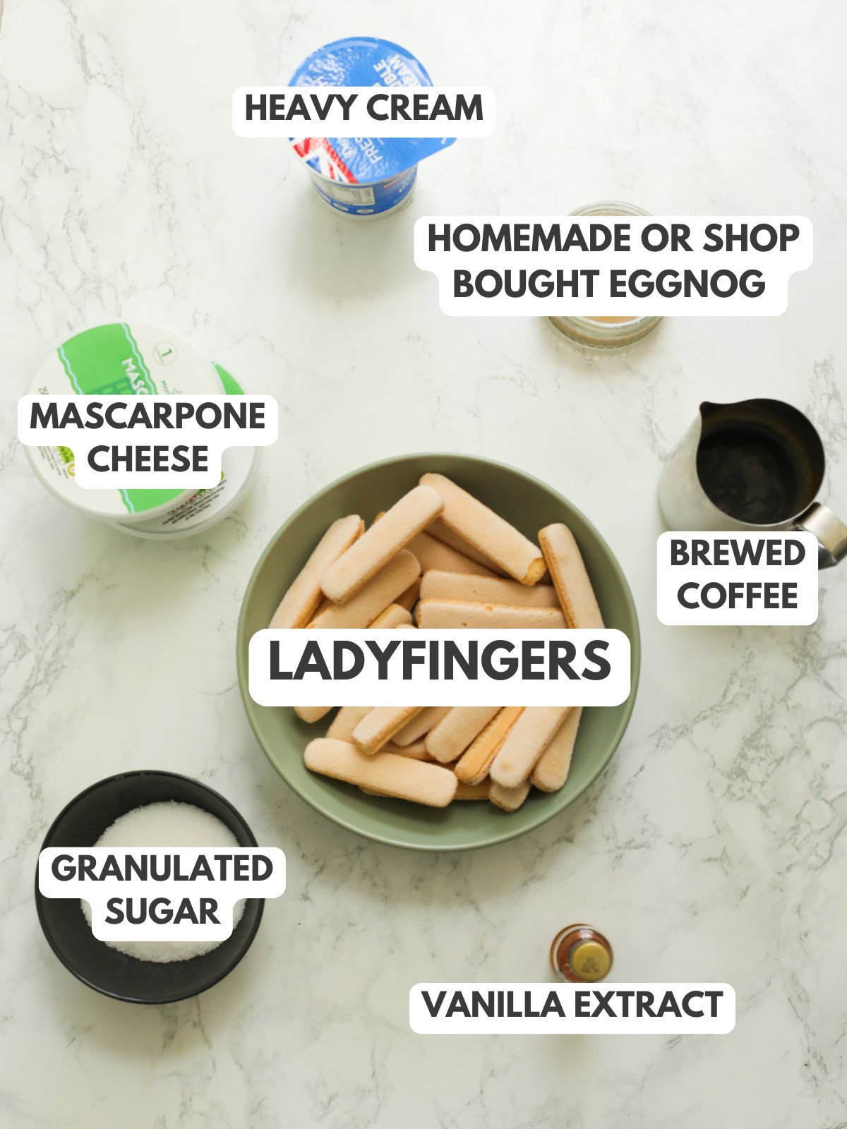 Ladyfingers, cream, mascarpone, sugar, eggnog, coffee.
