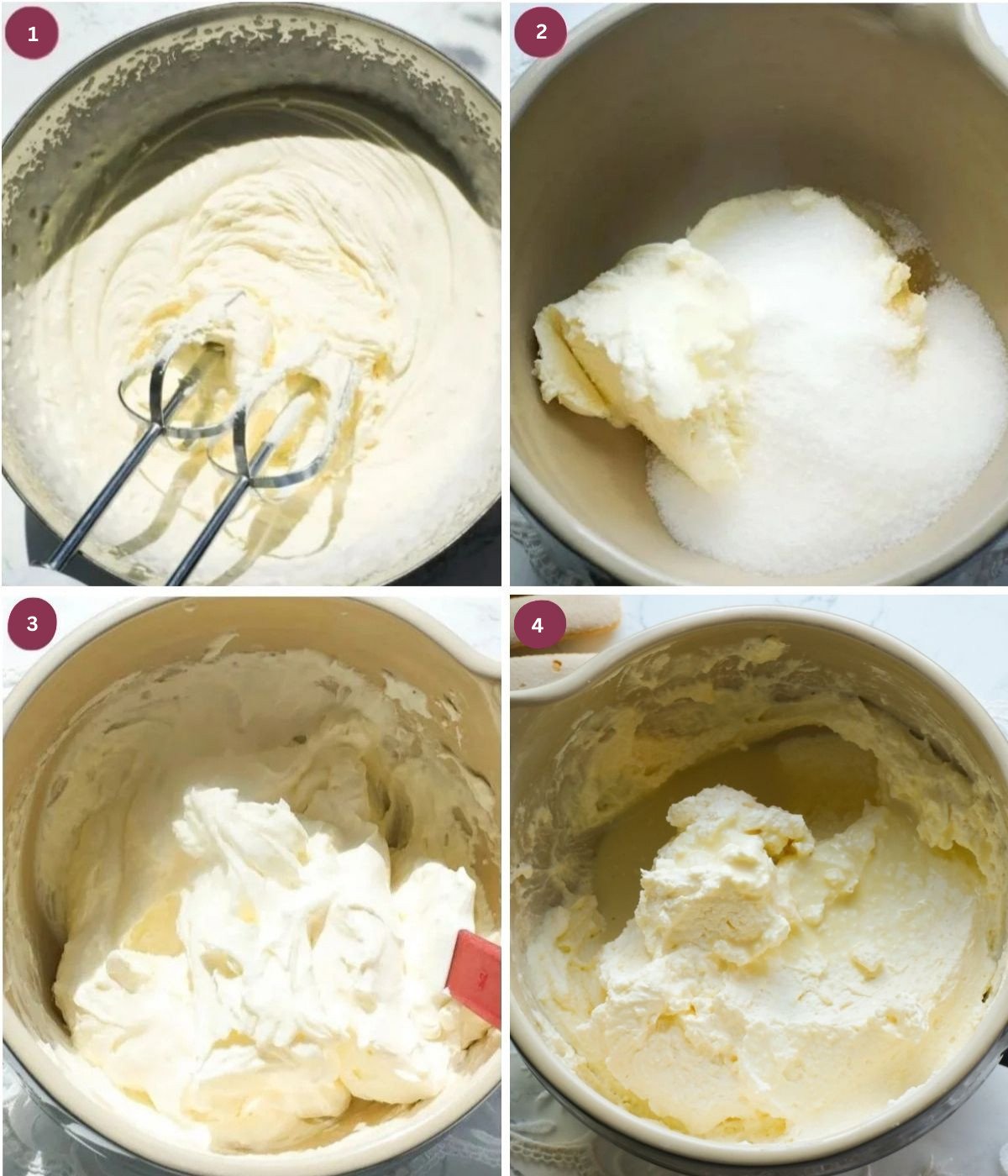 Mascarpone, sugar, cream, eggnog mixed in a bowl.