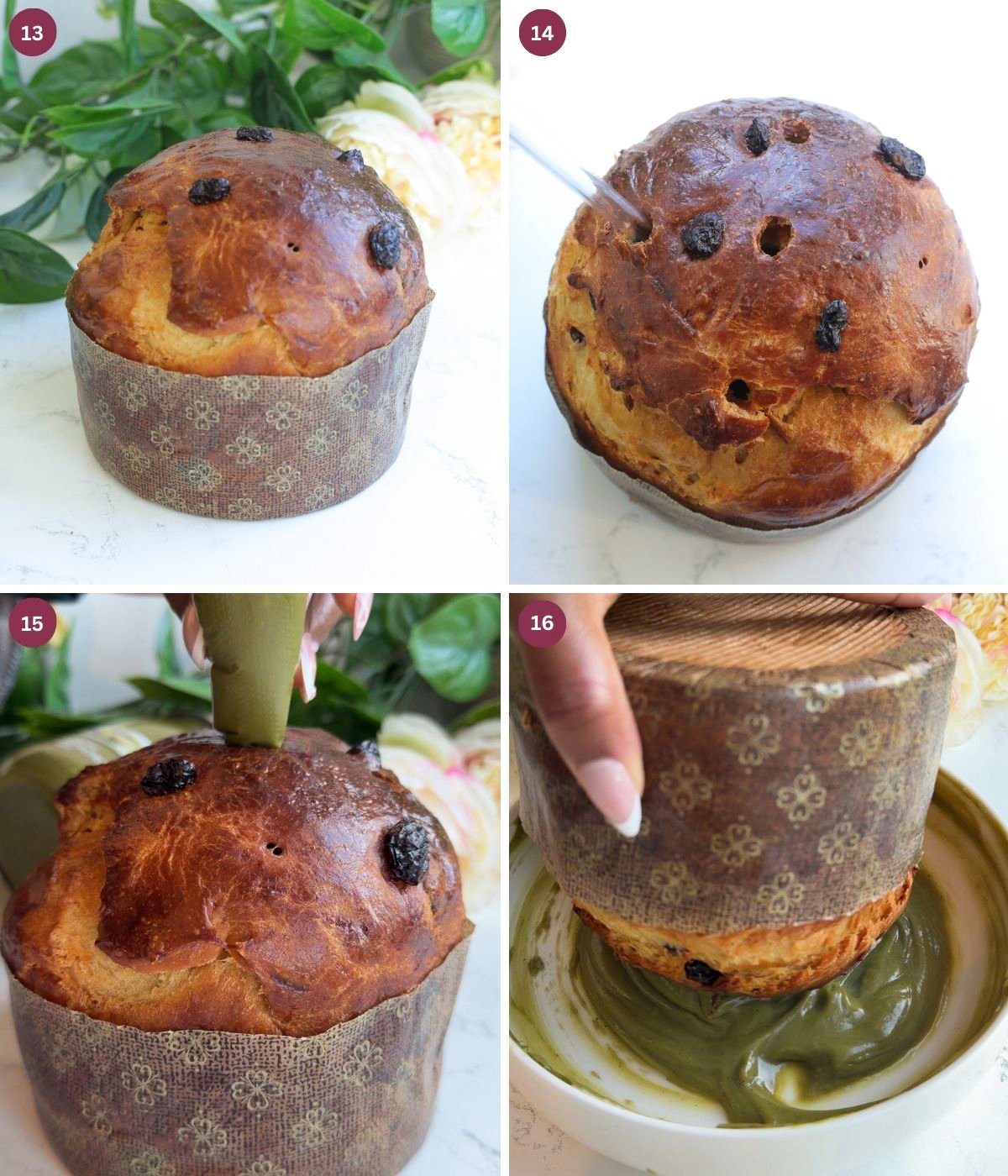 Panettone with pistachio cream piped inside and on top.