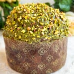Pistachio Panettone in a medium brown liner.