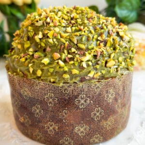 Pistachio Panettone in a medium brown liner.