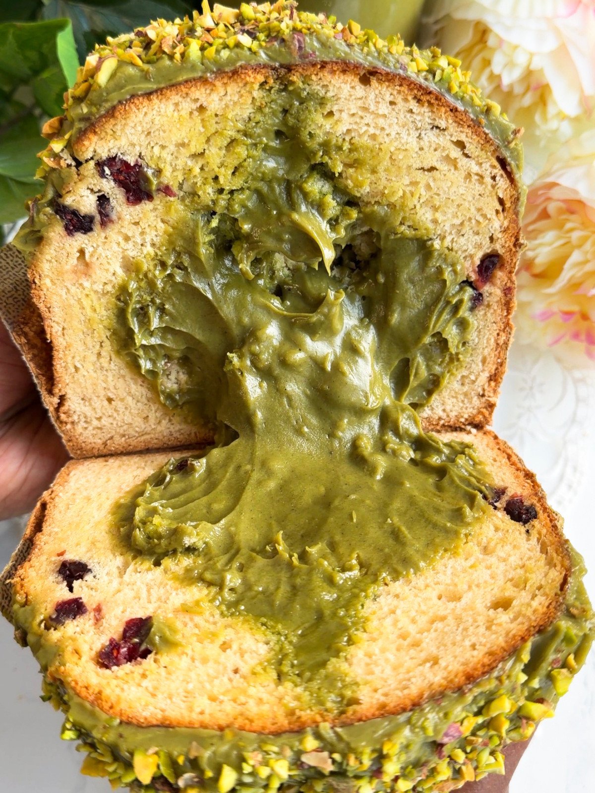 Pistachio cream inside Panettone.