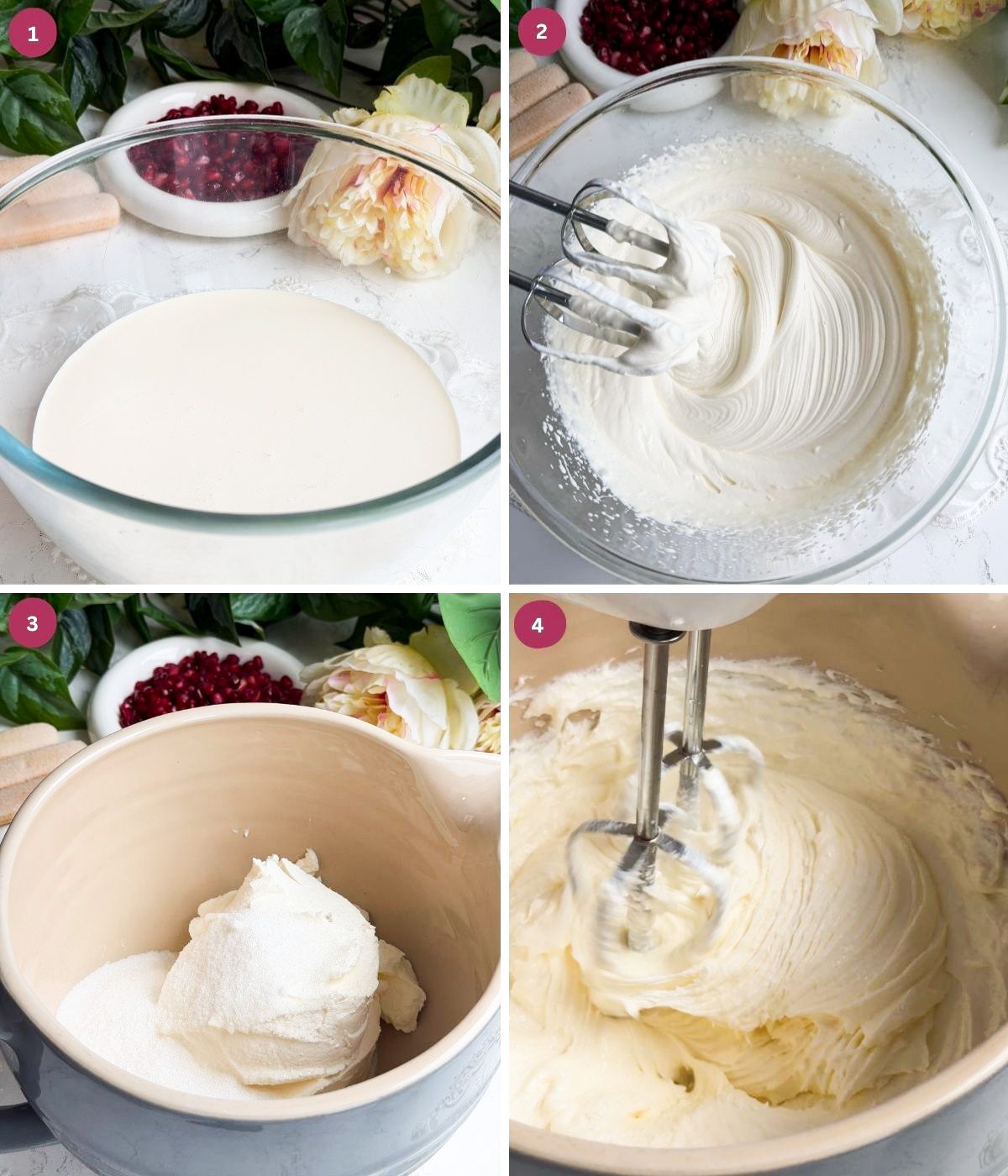 Heavy cream whisked in a bowl. Mascapone and sugar whisked.