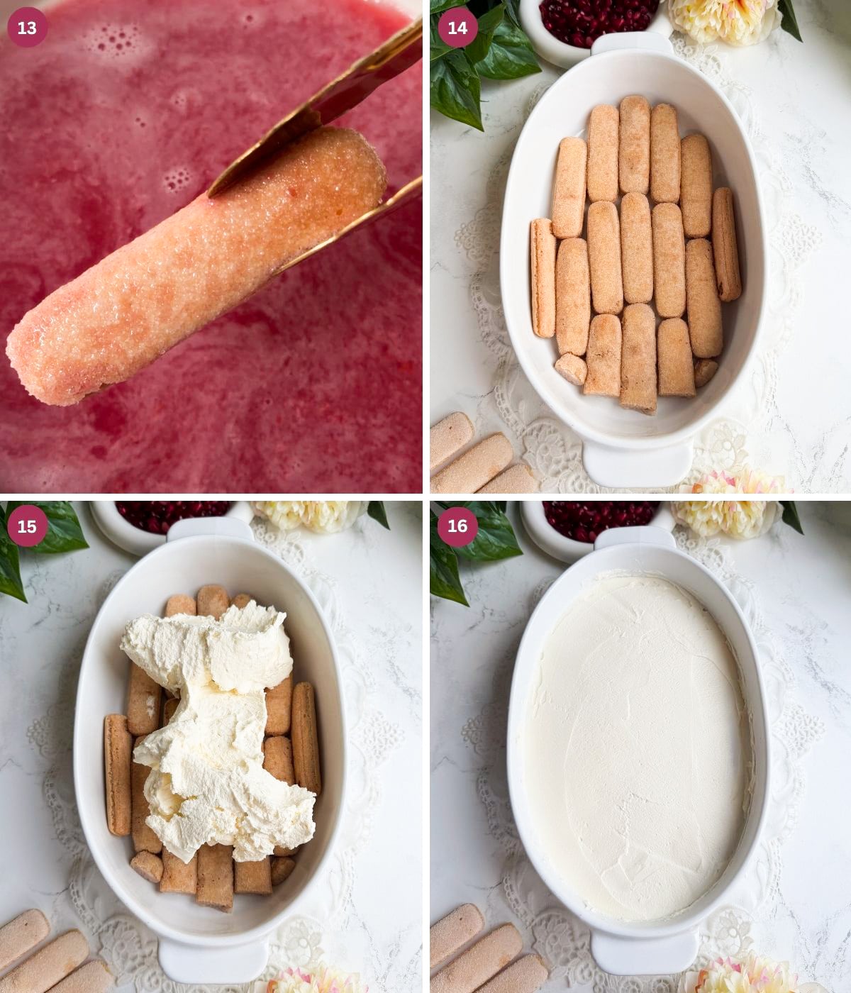 Ladyfinger dipped in pom juice and champagne. ladyfingers and filling.