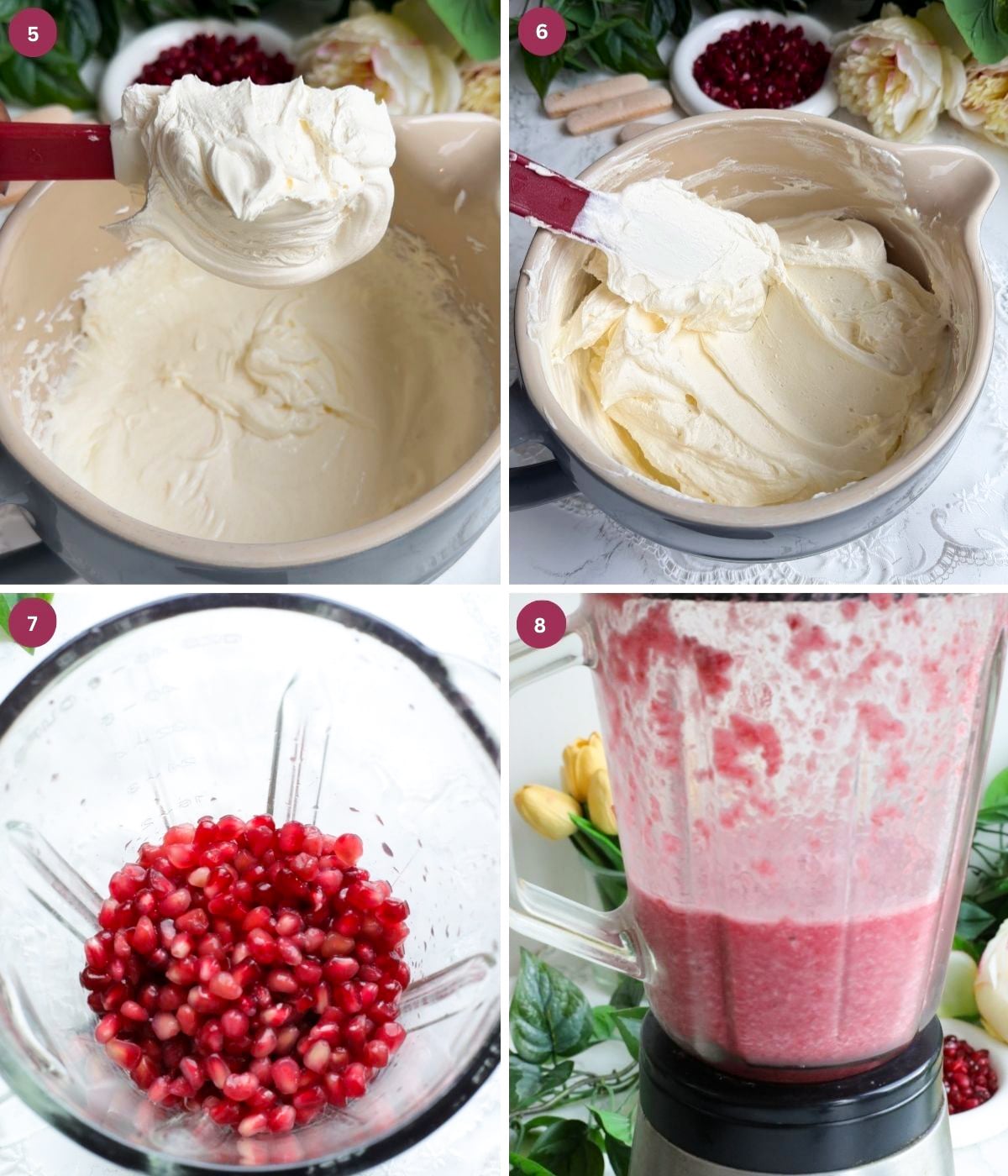 Mascarpone and whipped cream mixed in a bowl. Pomegranates blended.