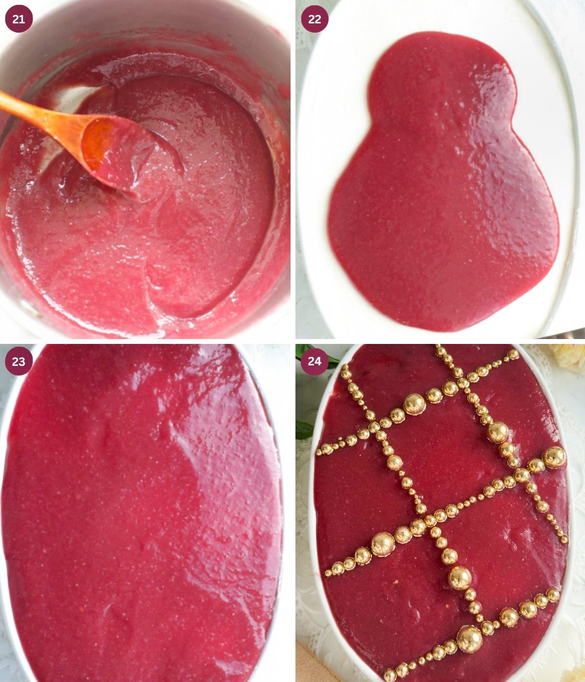 Pomegranate sauce on top of tiramisu and gold sprinkles.