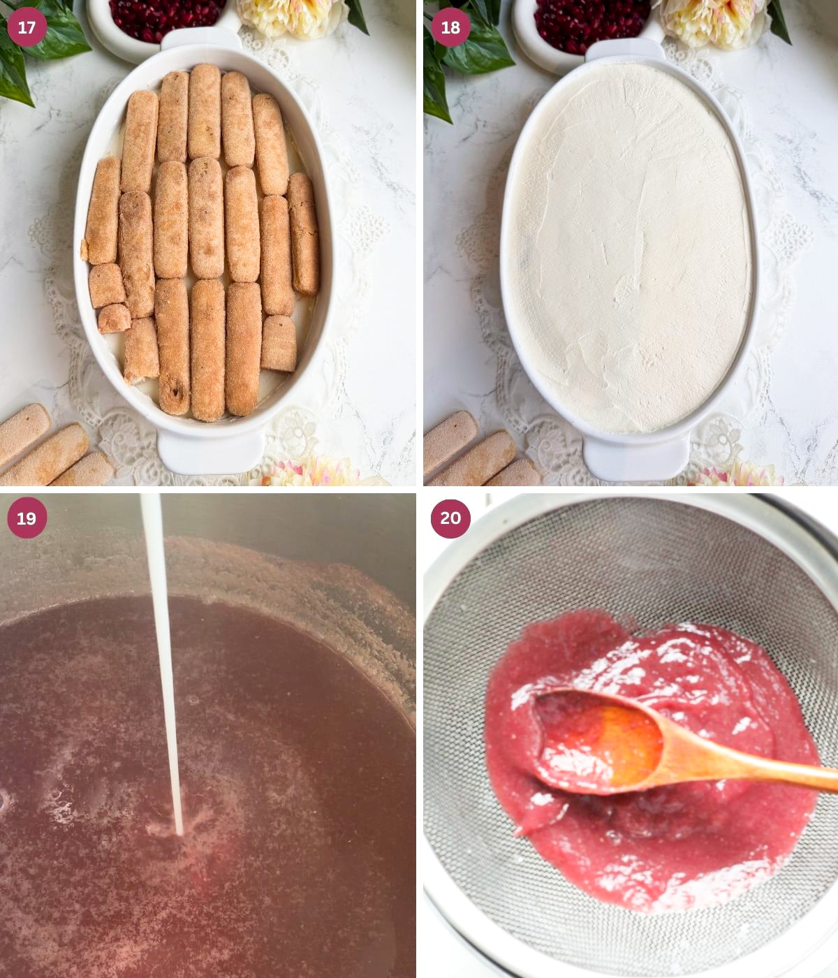 Tiramisu assembled in dish. Strained pomegranate sauce.