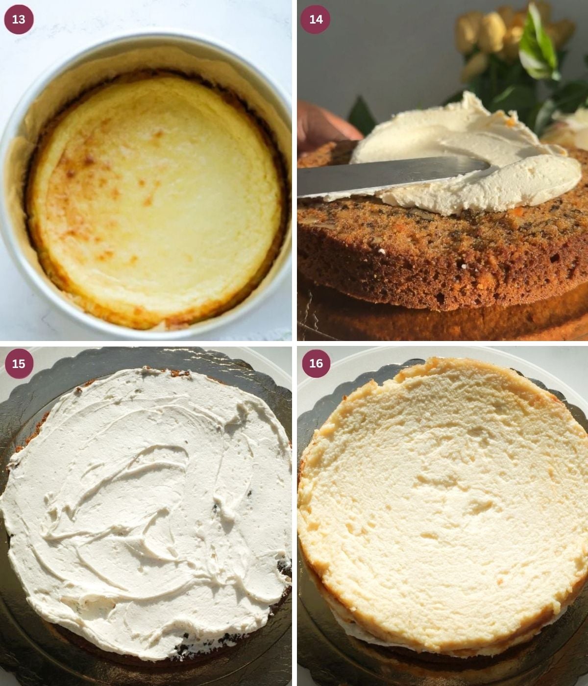 Baked cheesecake in a tin. Carrot cake, frosting and cheesecake layered.