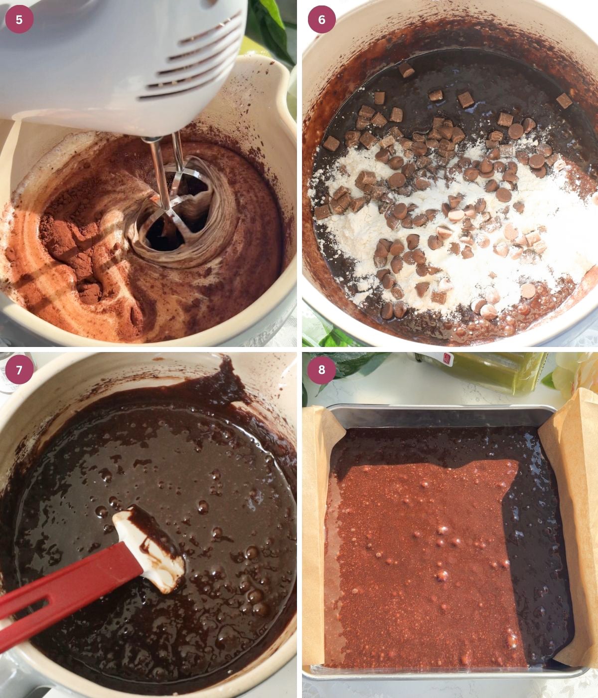 Brownie batter in a bowl and 9x9 tin.